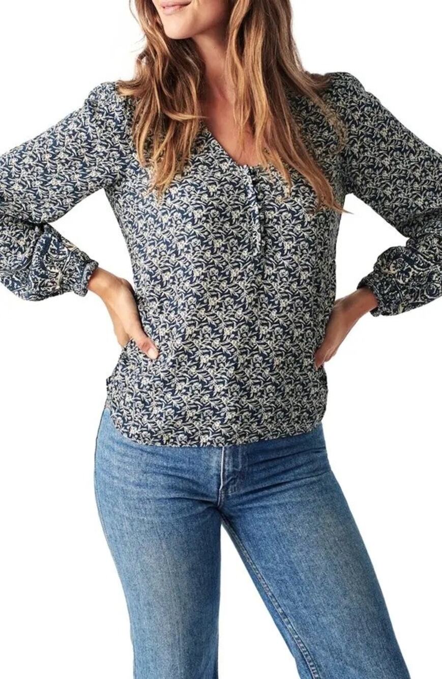 FAHERTY Amelia Floral Print Blouse $148 Midnight Antique Vines Peasant EUC S